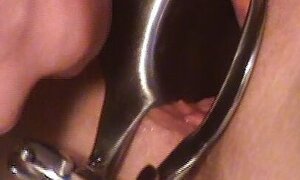 Wife gets spread open wide with speculum and fucked with big cock while playing with her huge clit!!!